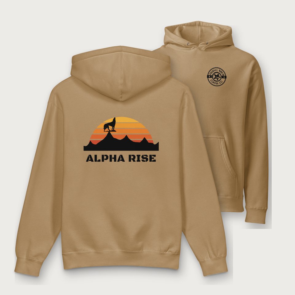 Alpha Rise Hoodie in Sandstone, front and back
