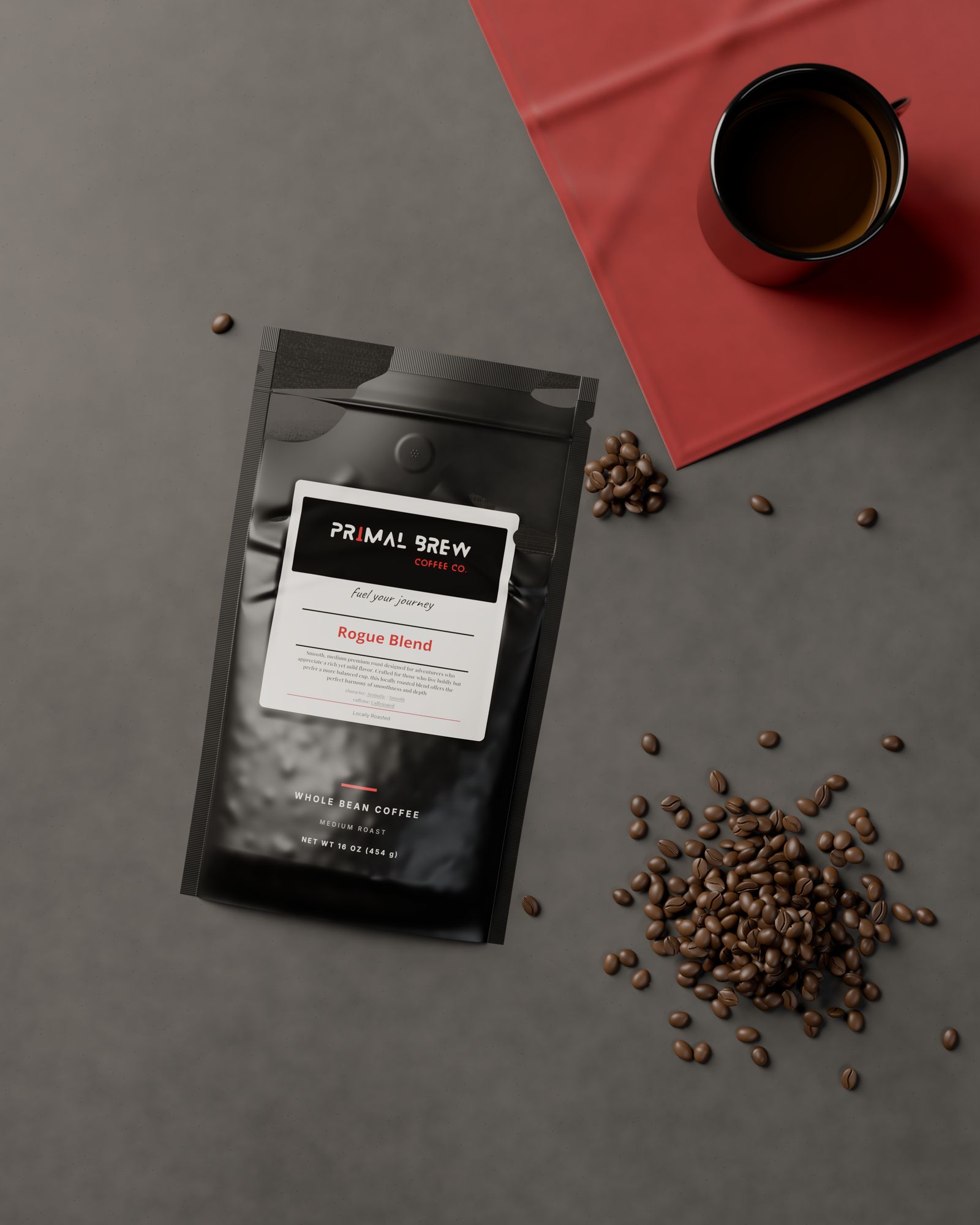 Primal Brew coffee bag flat lay with mug and beans