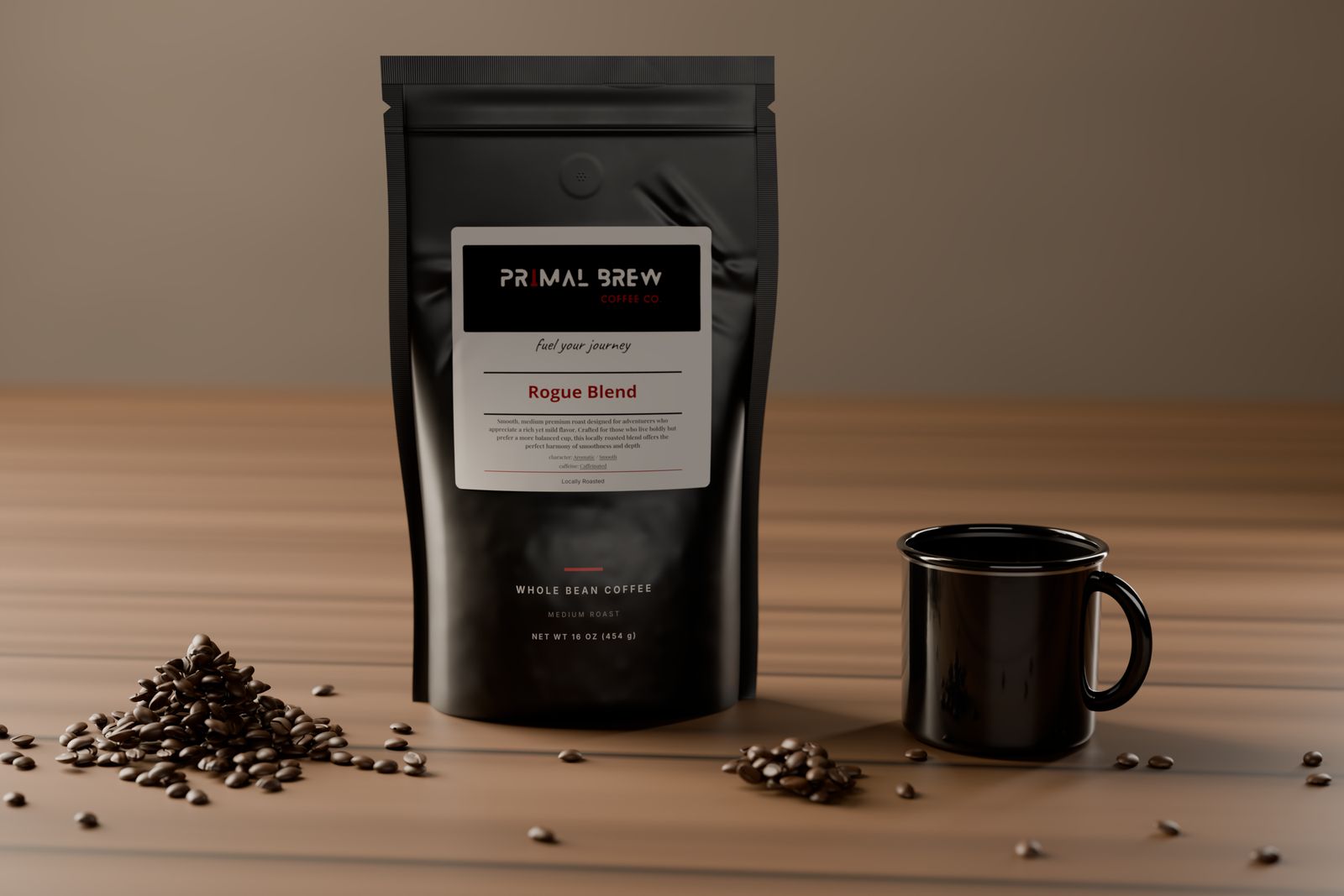 Primal Brew Rogue Blend coffee bag on a wooden table next to a black enamel camp mug and coffee beans